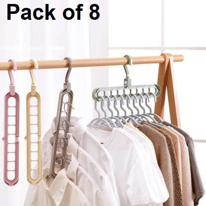 Hanger-Plastic Multi Functional Adjutable & Folding Clothes Hanger Holder Portable Anti-Slip Storage Rack Space Saving Hook for Garment Drying (Multicolor, Pack Of 8)