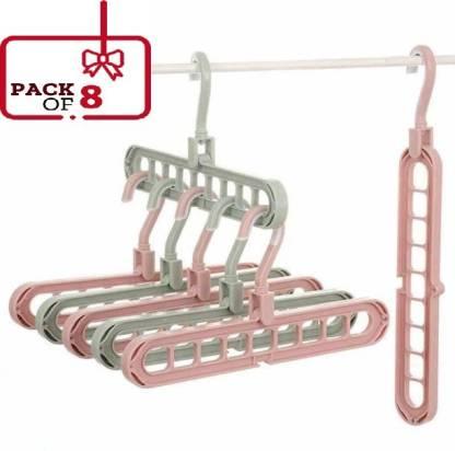 Hanger-Plastic Multi Functional Adjutable & Folding Clothes Hanger Holder Portable Anti-Slip Storage Rack Space Saving Hook for Garment Drying (Multicolor, Pack Of 8)